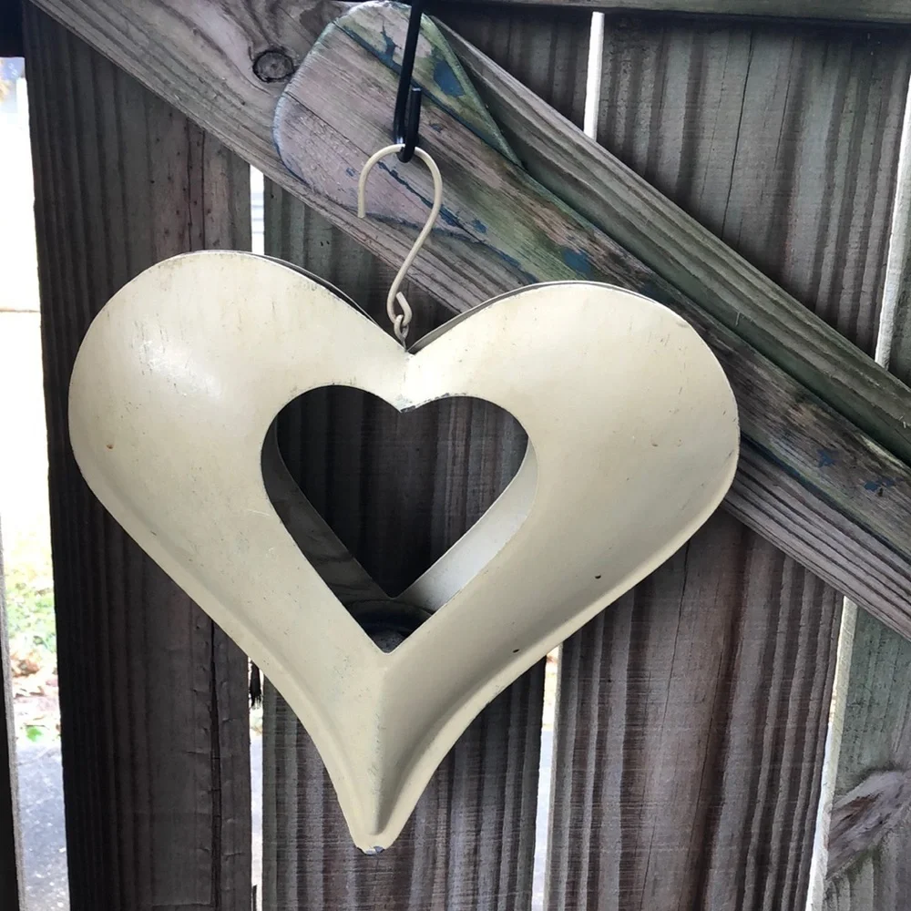 Hollow Metal Heart Hanging Tea Light Garden or Patio Lantern Butter Cream Color